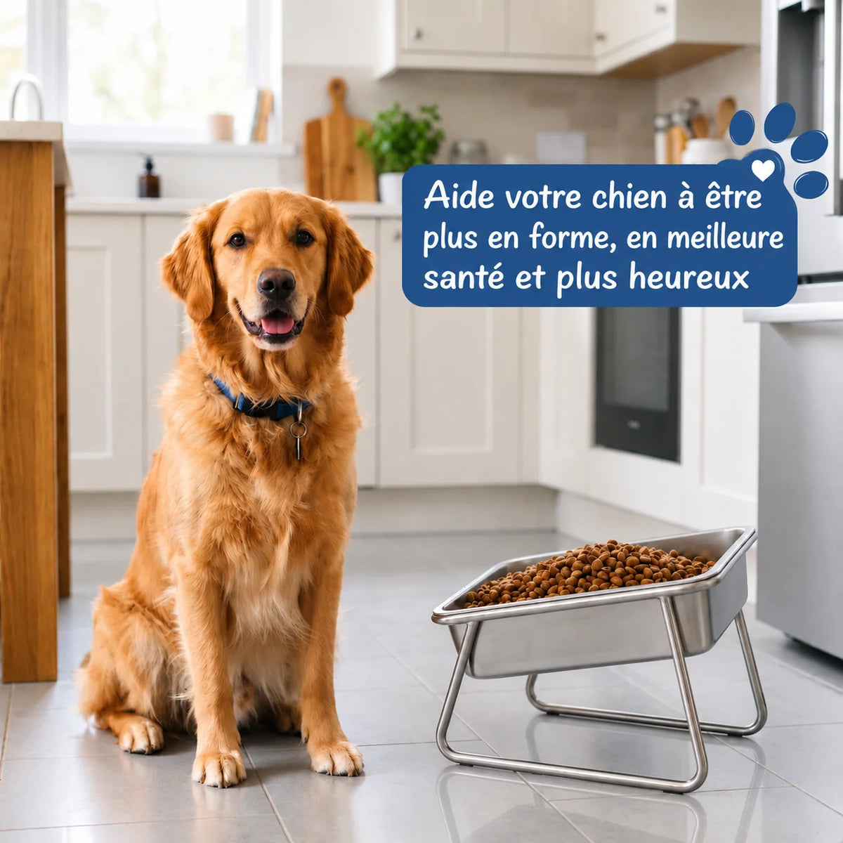 Golden retriever devant la gamelle Cosyva grands chiens