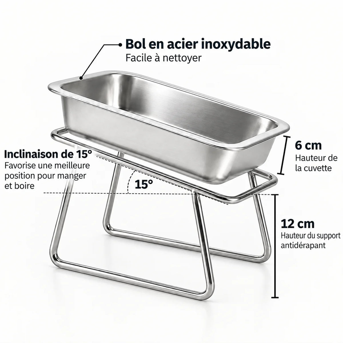 Cotes : hauteur 12 cm, cuvette 6 cm, inclinaison 15
