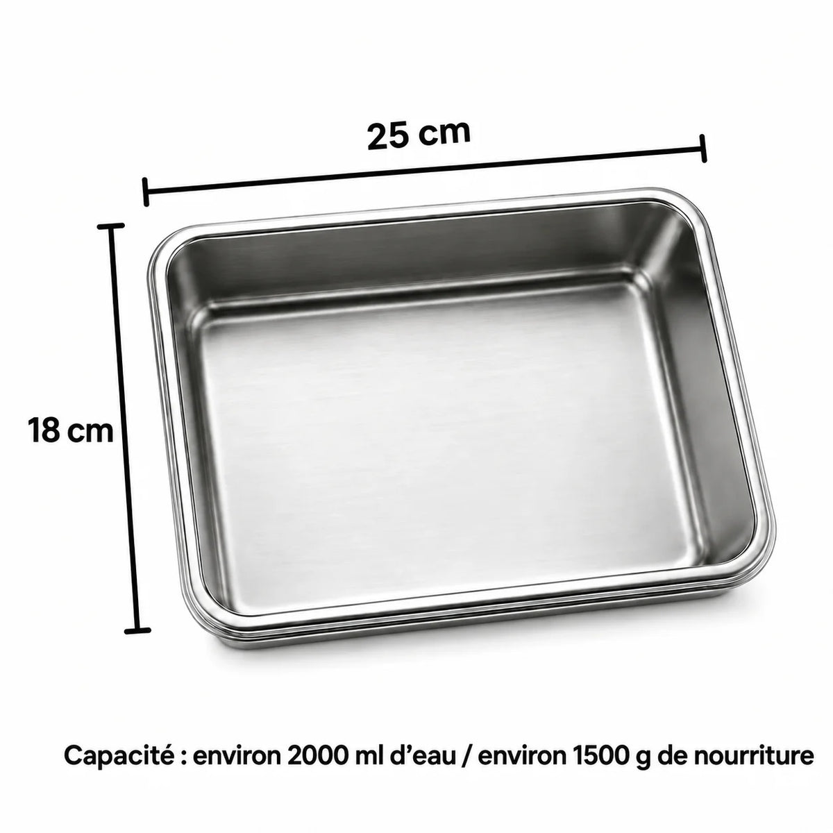 Dimensions 25 x 18 cm, contenance 2000 ml